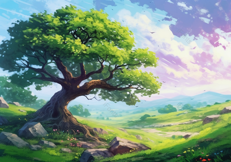 在阳光的照射下绿色的农田清新美好的自然插画素材,插画/手绘图,插画/手绘图库,插画/手绘图下载,插画/手绘